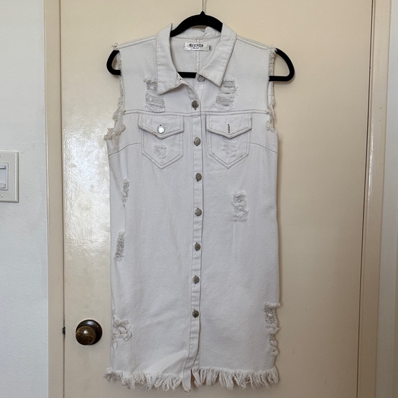 Elenza by L&L White Distressed Sleeveless button down Denim Dress - Picture 1 of 5